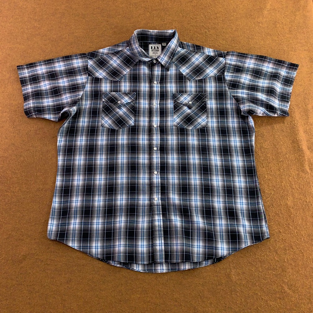 Ely Cattleman Mens XL Black Blue Plaid Pearl Snap Western Shirt